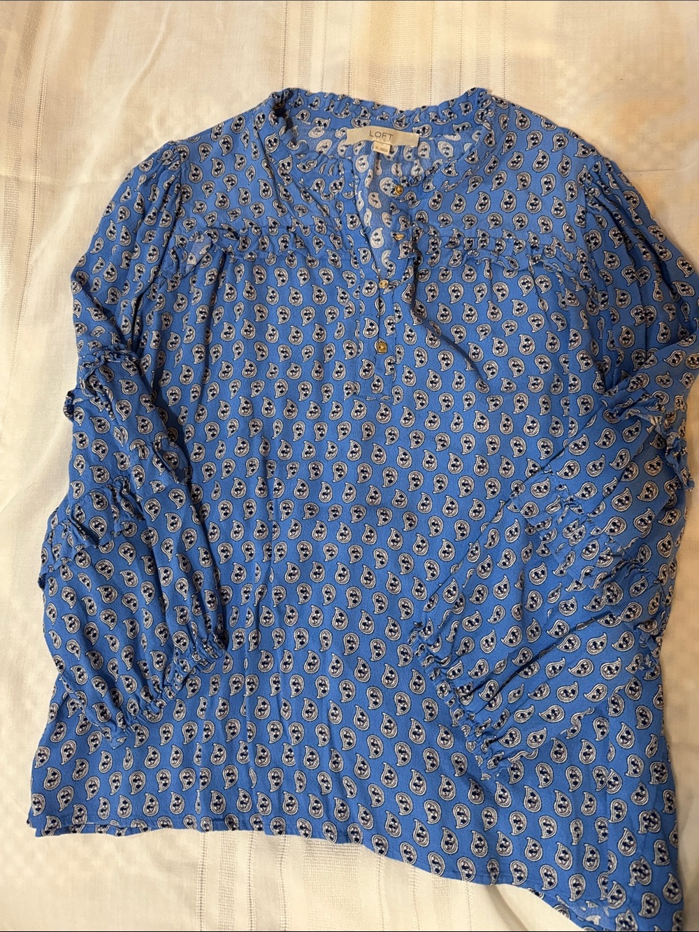 LOFT Blue Paisley-Print Long Sleeve Blouse